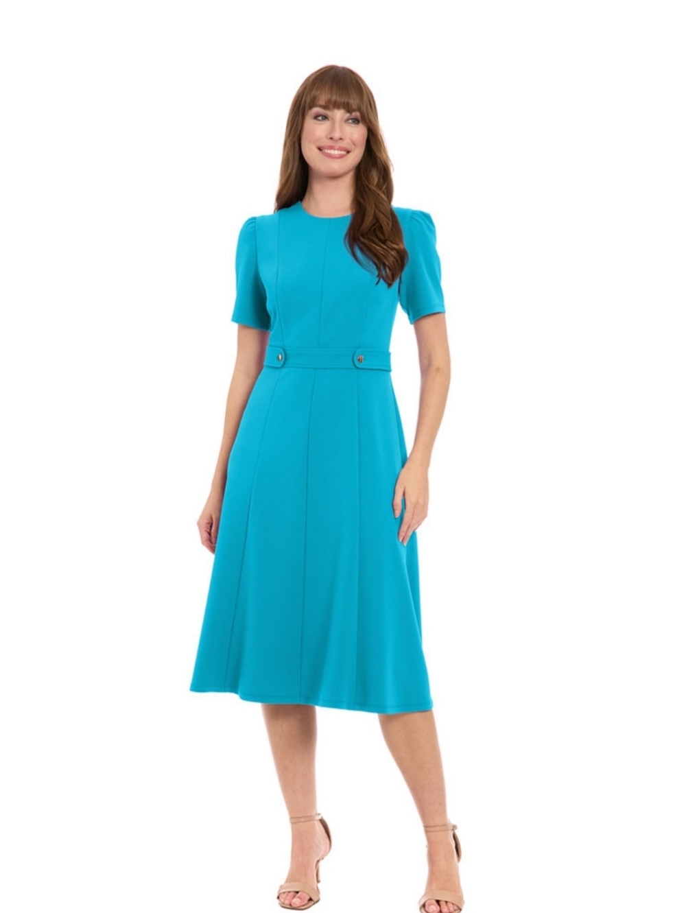 Lanton Times Aqua Blue Solid Fit & Flare, Short Sleeve Dress